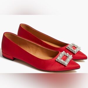 J. Crew Sz 8 Red Satin Flats Crystal Embellished Buckle Pointy Toe Flats